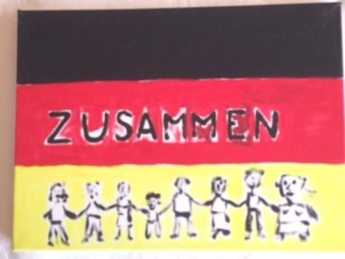 Deutschlandflagge mit den Worten Zusammen. Menschen halten sich an den Händen.