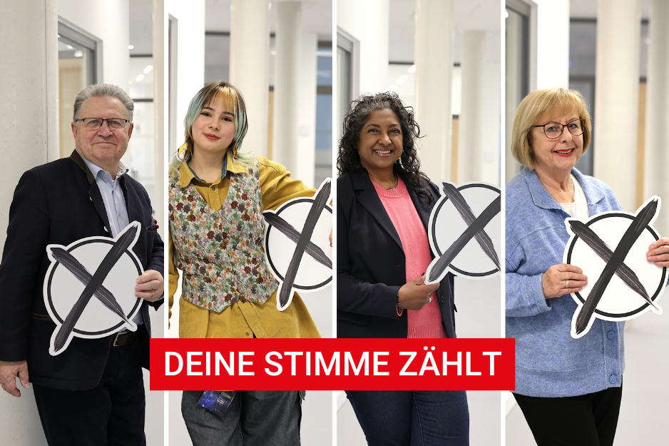 4 Personen mit einem Kreis und Kreuz aus Karton. Deine Stimme zählt 