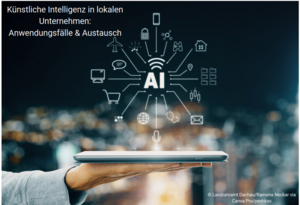Tablet auf einer Hand. Über diesem Symbole u. a. für E-Mail, Online Einkauen, Mikrofon