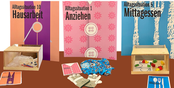 Bild vergr&ouml;&szlig;ern: Illustration zu Alltagssituationen mit Anziehen, Mittagessen und Hausarbeit.