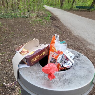 Überquellender Müllbehälter im Park
