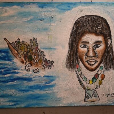 Bild vergr&ouml;&szlig;ern: Ausdrucksstarkes Gemälde von einem Geflüchteten